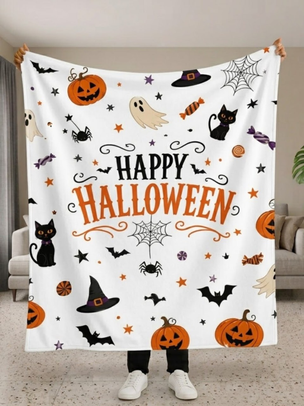 Happy Halloween Festive Sherpa Blanket - White & Orange